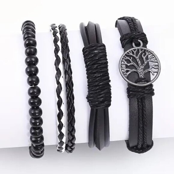 Leather Cuff Bracelet 4pc Tree of Life Black Wrist Rock Edgy Grunge Beads Trendy - Picture 3 of 4
